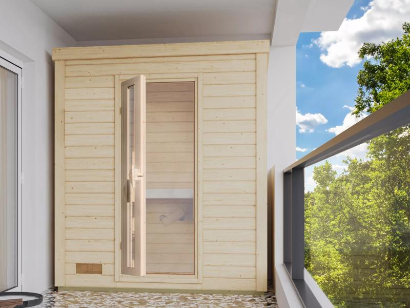 Karibu Saunahaus Hytti 0  38 mm - ohne Ofen - mit Iso-Tür naturbelassen