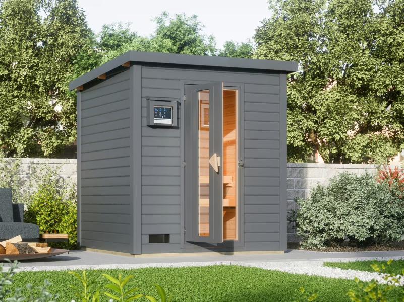 Karibu Saunahaus Hytti 2  38 mm,terragrau - inkl. 9 kW Bioofen ext. Steuerung - mit Energiespartür u