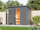 Karibu Saunahaus Hytti 3  38 mm terragrau - inkl. 9 kW Bioofen ext. Steuerung - inkl. Energiespartür
