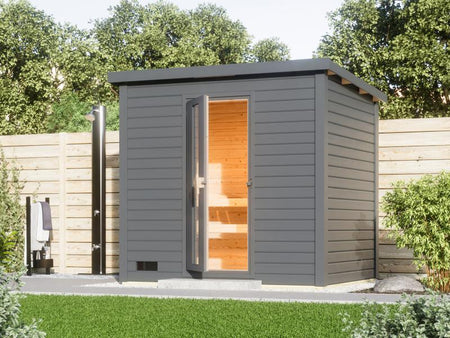 Karibu Saunahaus Hytti 3  38 mm terragrau - ohne Ofen - inkl. Energiespartür und Fußboden