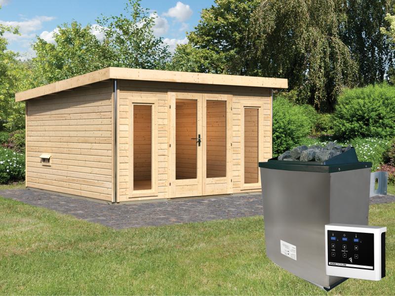 Karibu Saunahaus Mainburg 3 Set A naturbelassen -9 kW Ofen ext. Strg