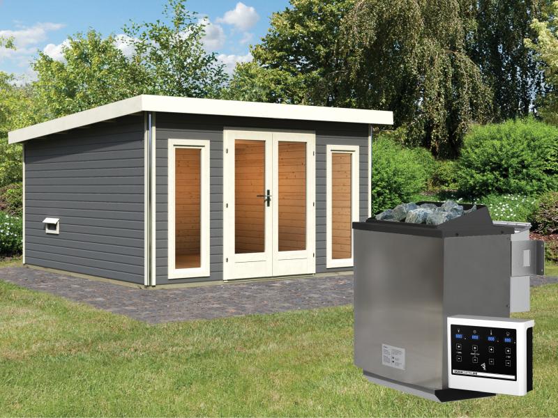 Karibu Saunahaus Mainburg 3 Set B terragrau- 9 kW Bioofen ext. Strg