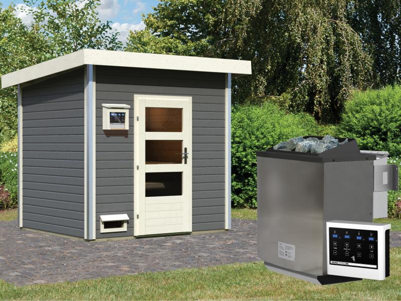 Karibu Saunahaus Norge 38 mm- 9 kW Bio Ofen ext. Strg. - moderne Tür- terragrau