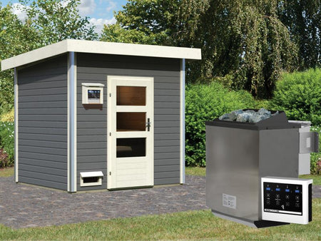 Karibu Saunahaus Norge 38 mm- 9 kW Bio Ofen ext. Strg. - moderne Tür- terragrau