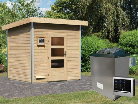 Karibu Saunahaus Norge 38 mm- 9 kW Ofen ext. Strg- moderne Tür