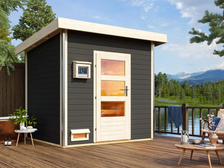 Karibu Saunahaus Norge 38 mm- 9 kW Ofen ext. Strg. - moderne Tür- terragrau