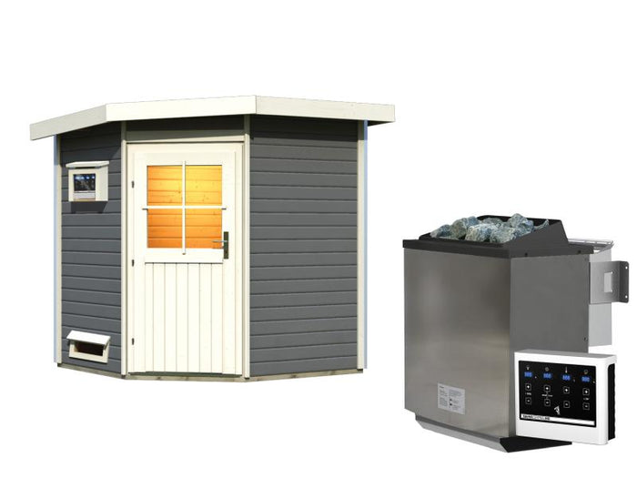 Karibu Saunahaus Pekka, terragrau, inkl. 9kW Bioofen ext. Steuerung -klassische Tür-