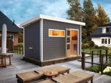 Karibu Saunahaus Skrollan 2 in terragrau- 9 kW Ofen ext. Strg- moderne Tür