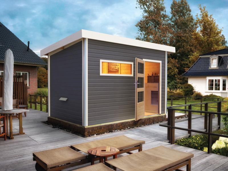 Karibu Saunahaus Skrollan 2 in terragrau- 9 kW Bioofen ext. Strg- moderne Tür