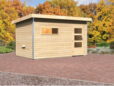 Karibu Saunahaus Skrollan 3 38 mm- ohne Ofen- moderne Tür