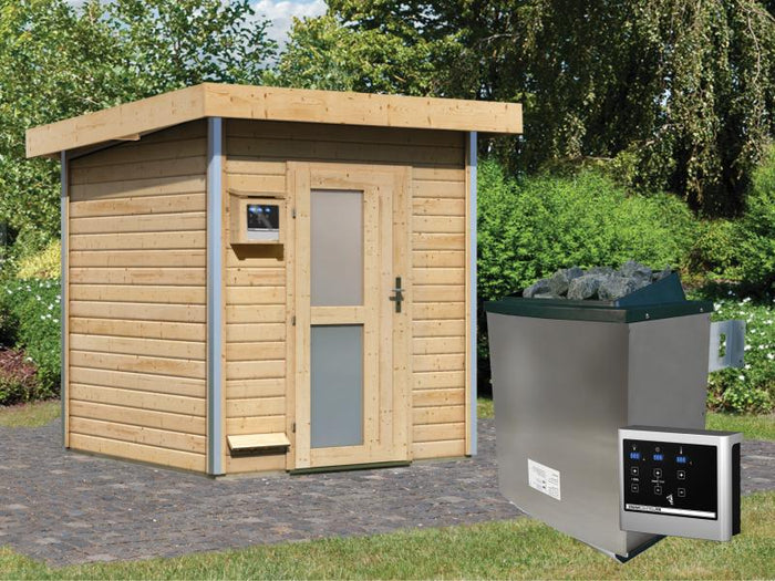 Karibu Saunahaus Torge 38 mm- 9 kW Ofen ext. Strg- milchglas Tür