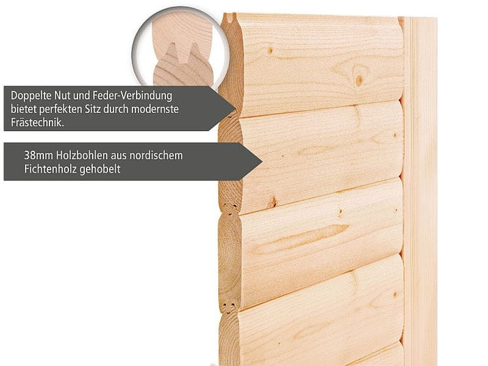 Karibu Saunahaus Torge 38 mm- 9 kW Ofen ext. Strg- milchglas Tür