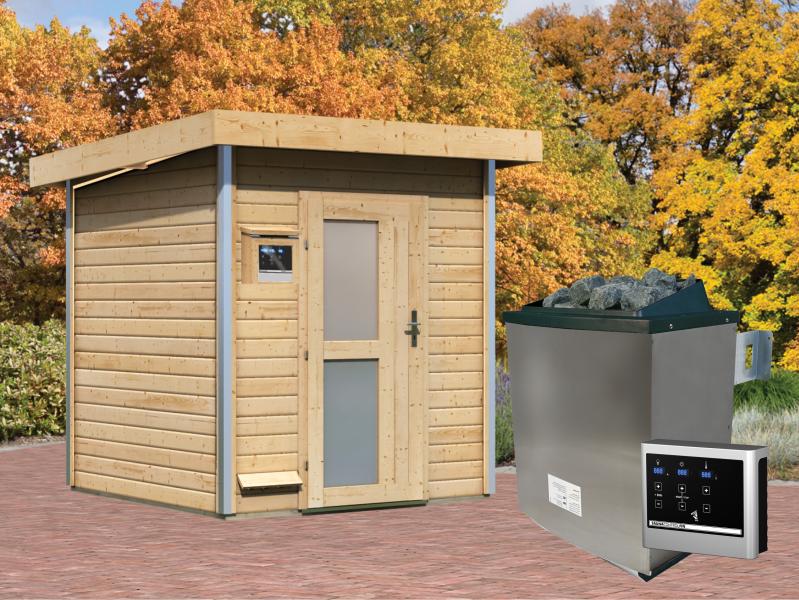 Karibu Saunahaus Torge 38 mm- 9 kW Ofen ext. Strg- milchglas Tür