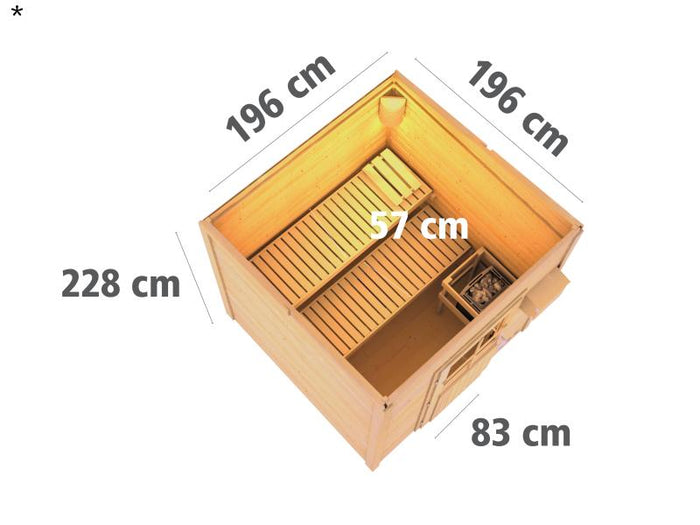 Karibu Saunahaus Torge 38 mm- 9 kW Ofen ext. Strg- milchglas Tür