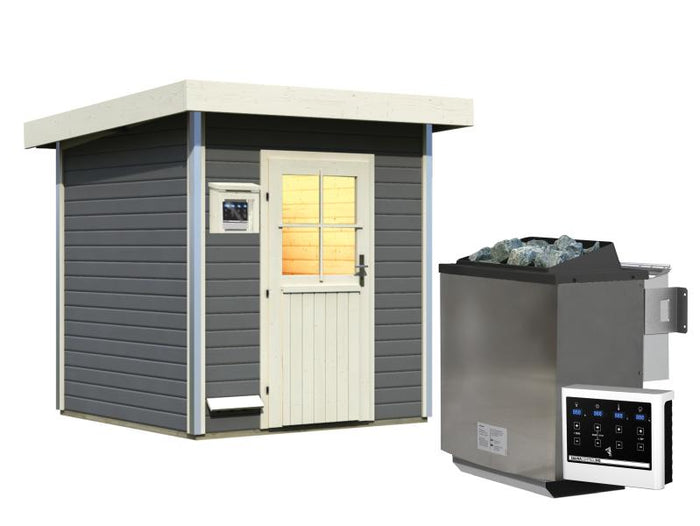 Karibu Saunahaus Torge terragrau, inkl. 9kW Bioofen ext. Steuerung, mit klassischer Tür