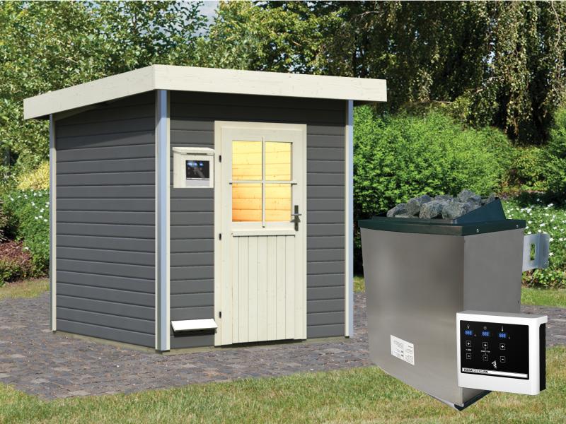 Karibu Saunahaus Torge terragrau, inkl. 9kW Ofen ext. Steuerung, mit klassischer Tür