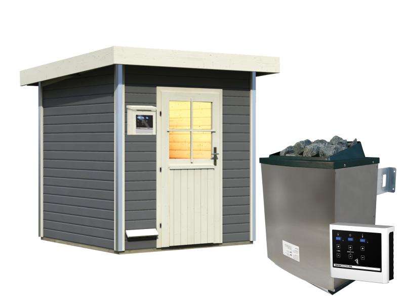 Karibu Saunahaus Torge terragrau, inkl. 9kW Ofen ext. Steuerung, mit klassischer Tür