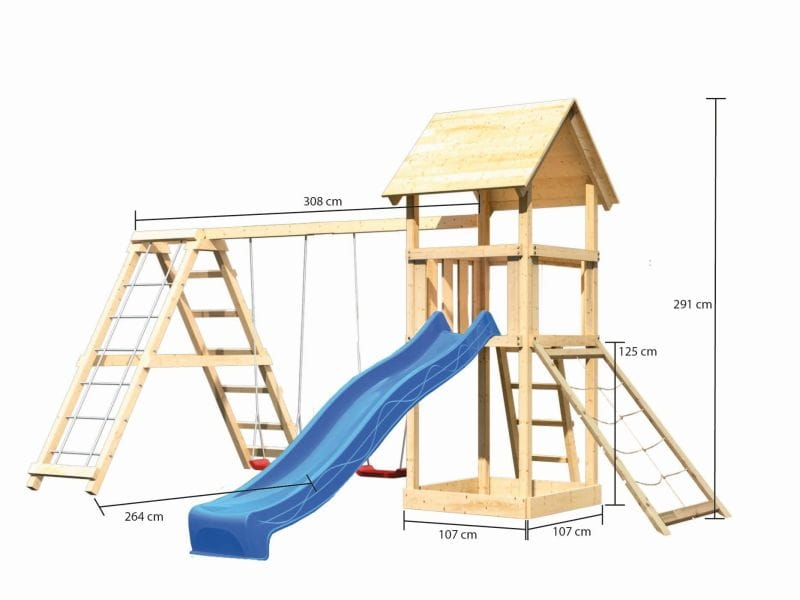 Karibu Spielturm Lotti- Doppelschaukel mit Klettergerüst, Netzrampe und Rutsche in blau