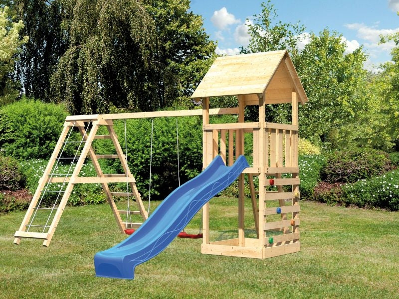 Karibu Spielturm Lotti- Doppelschaukel mit Klettergerüst, Kletterwand und Rutsche in blau