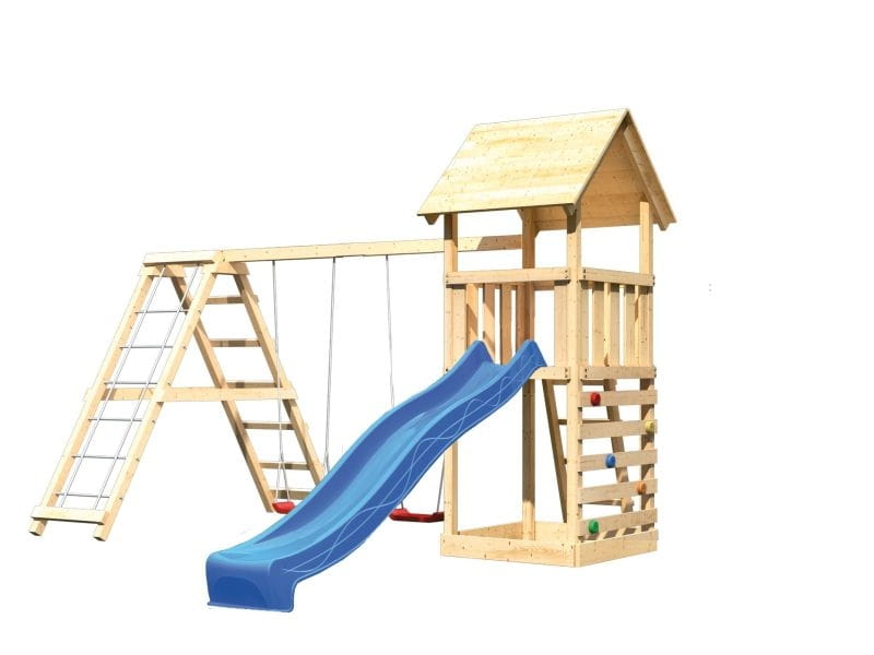Karibu Spielturm Lotti- Doppelschaukel mit Klettergerüst, Kletterwand und Rutsche in blau