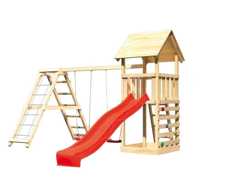 Karibu Spielturm Lotti- Doppelschaukel mit Klettergerüst, Kletterwand und Rutsche in rot