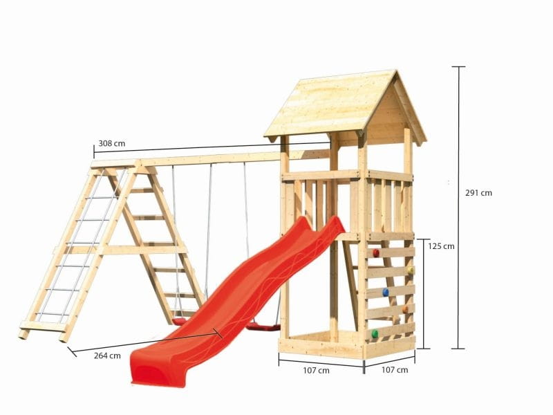 Karibu Spielturm Lotti- Doppelschaukel mit Klettergerüst, Kletterwand und Rutsche in rot
