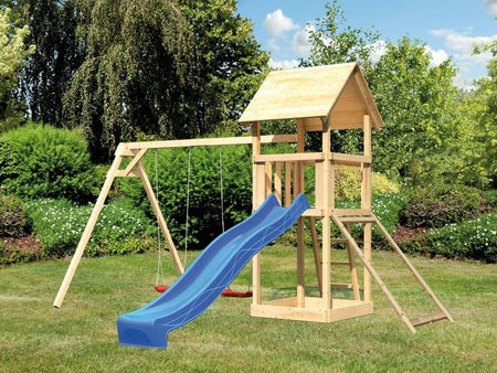 Karibu Spielturm Lotti mit Doppelschaukel, Netzrampe und Rutsche blau
