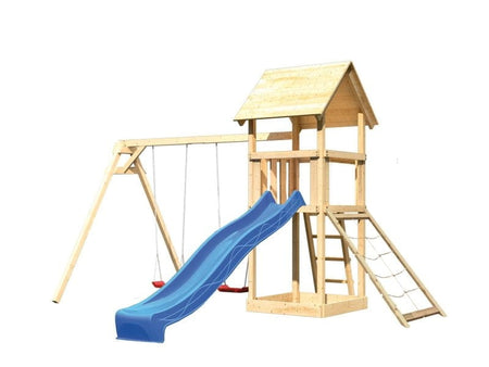 Karibu Spielturm Lotti mit Doppelschaukel, Netzrampe und Rutsche blau
