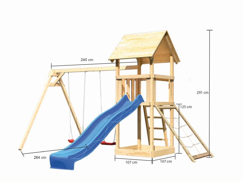 Karibu Spielturm Lotti mit Doppelschaukel, Netzrampe und Rutsche blau