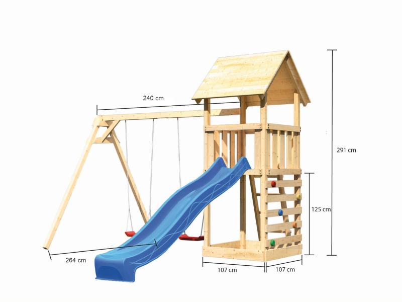 Karibu Spielturm Lotti mit Doppelschaukel, Kletterwand und Rutsche blau