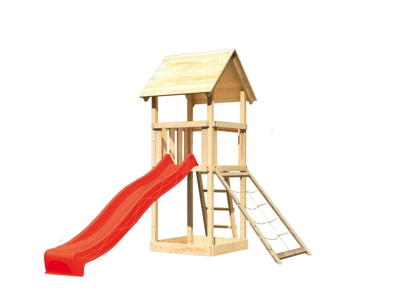 Karibu Spielturm Lotti mit Netzrampe und Rutsche rot