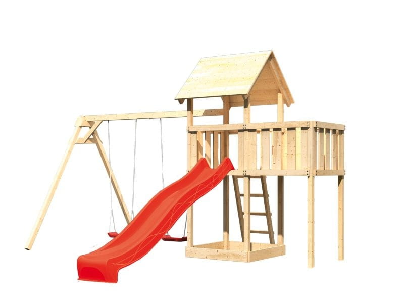 Karibu Spielturm Lotti natur- Anbauplattform- Doppelschaukel- Rutsche rot