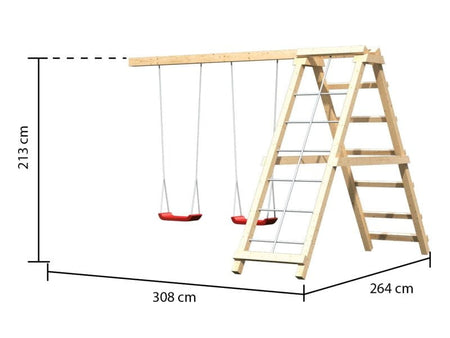 Karibu Spielturm Lotti natur- Anbauplattform- Doppelschaukel inkl. Klettergerüst- Netzrampe