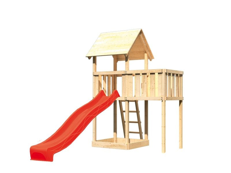 Karibu Spielturm Lotti natur mit Anbauplattform und Rutsche rot
