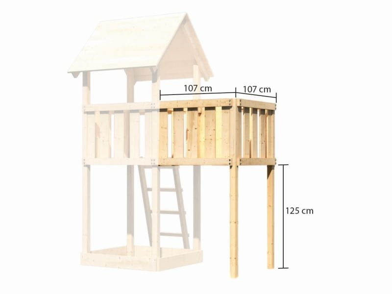 Karibu Spielturm Lotti natur mit Anbauplattform, Netzrampe und Doppelschaukel