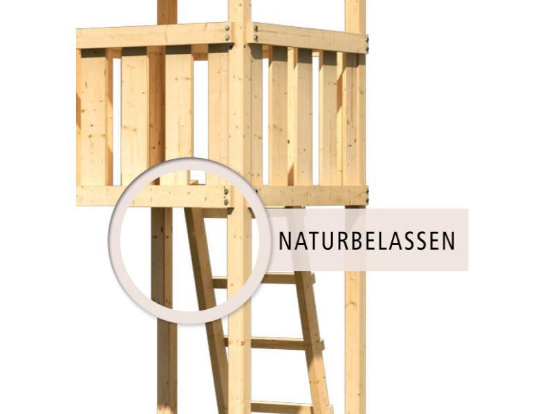 Karibu Spielturm Lotti Satteldach + Rutsche blau + Doppelschaukel + Anbauplattform + Kletterwand
