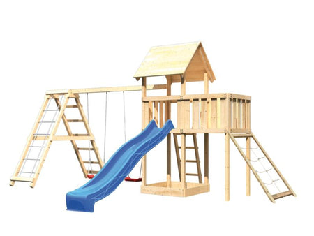 Karibu Spielturm Lotti Satteldach + Rutsche blau + Doppelschaukelanbau Klettergerüst + Anbauplattfor