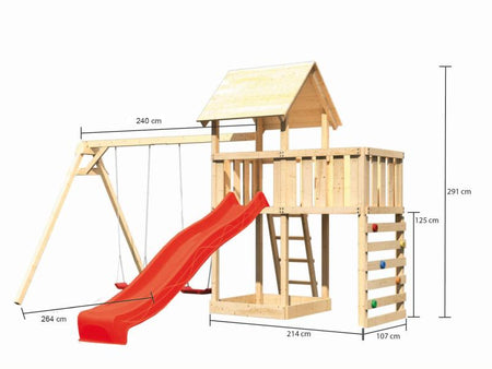 Karibu Spielturm Lotti Satteldach + Rutsche rot + Doppelschaukel + Anbauplattform + Kletterwand