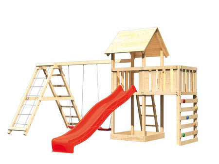 Karibu Spielturm Lotti Satteldach + Rutsche rot + Doppelschaukel Klettergerüst + Anbauplattform + Kl