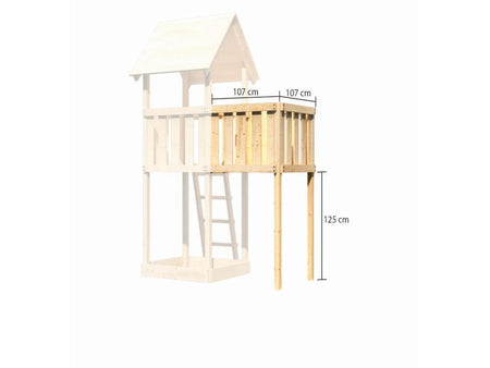 Karibu Spielturm Lotti Satteldach + Rutsche rot + Doppelschaukel Klettergerüst + Anbauplattform + Kl