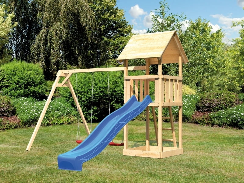 Karibu Spielturm Lotti Set mit Doppelschaukel und Rutsche in blau