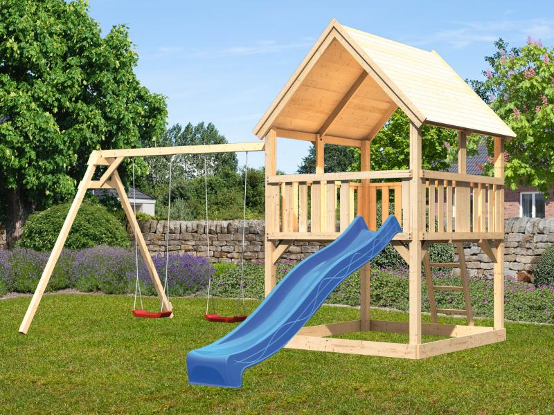 Karibu Spielturm Luis Satteldach + Rutsche blau + Doppelschaukel