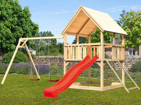 Karibu Spielturm Luis Satteldach + Rutsche rot + Doppelschaukel + Netzrampe