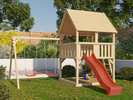 Karibu Spielturm Luis Satteldach + Rutsche rot + Doppelschaukel