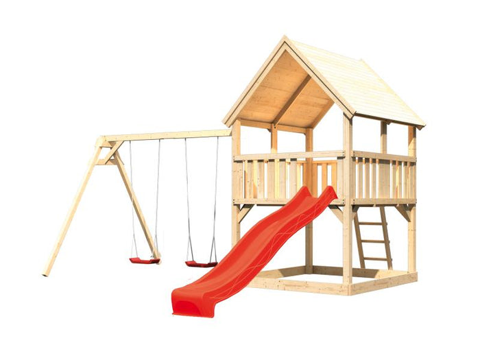 Karibu Spielturm Luis Satteldach + Rutsche rot + Doppelschaukel