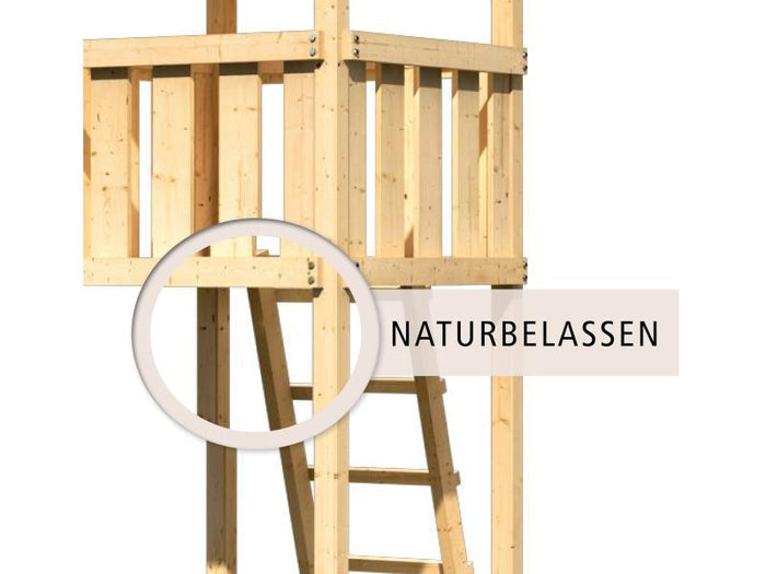 Karibu Spielturm Luis Satteldach + Rutsche rot + Doppelschaukel