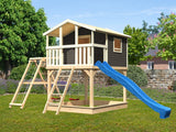 Karibu Stelzenhaus Benjamin grau mit Rutsche in blau und Doppelschaukelanbau mit Klettergerüst und N