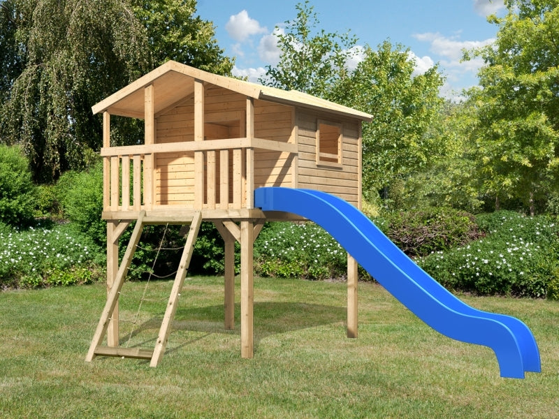Karibu Stelzenhaus Benjamin natur mit Netzrampe und Rutsche in blau