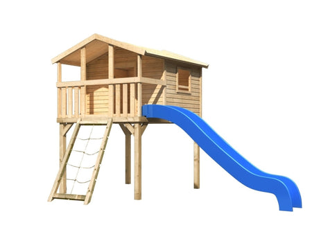 Karibu Stelzenhaus Benjamin natur mit Netzrampe und Rutsche in blau