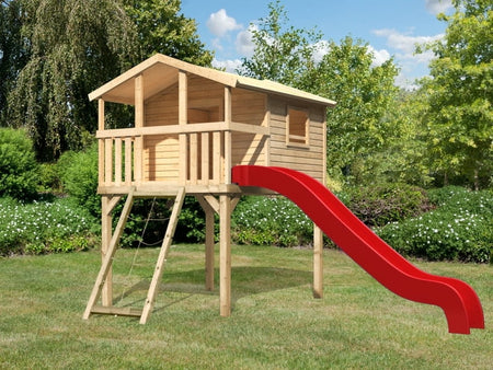 Karibu Stelzenhaus Benjamin natur mit Netzrampe und Rutsche in rot